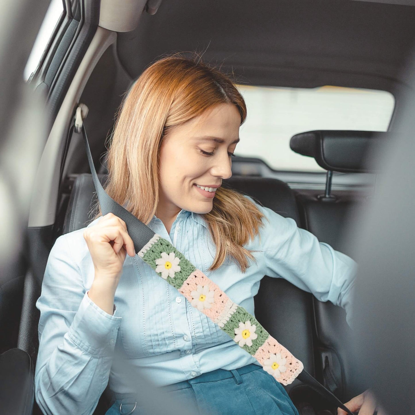 14-15'' Crochet Green Daisy Steering Wheel Cover for Women