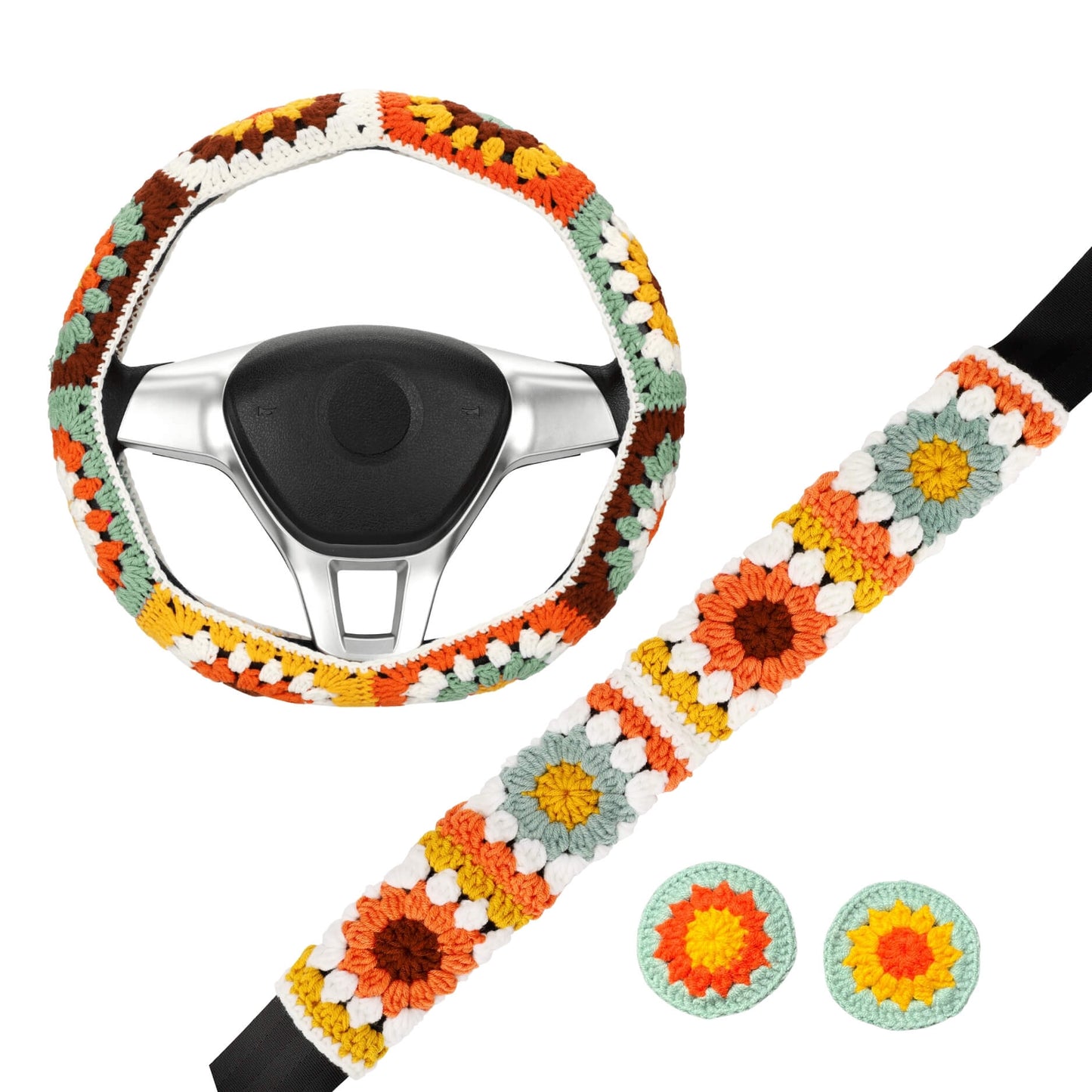 Cute 14-15'' Crochet Sunflower Steering Wheel Cover for Women