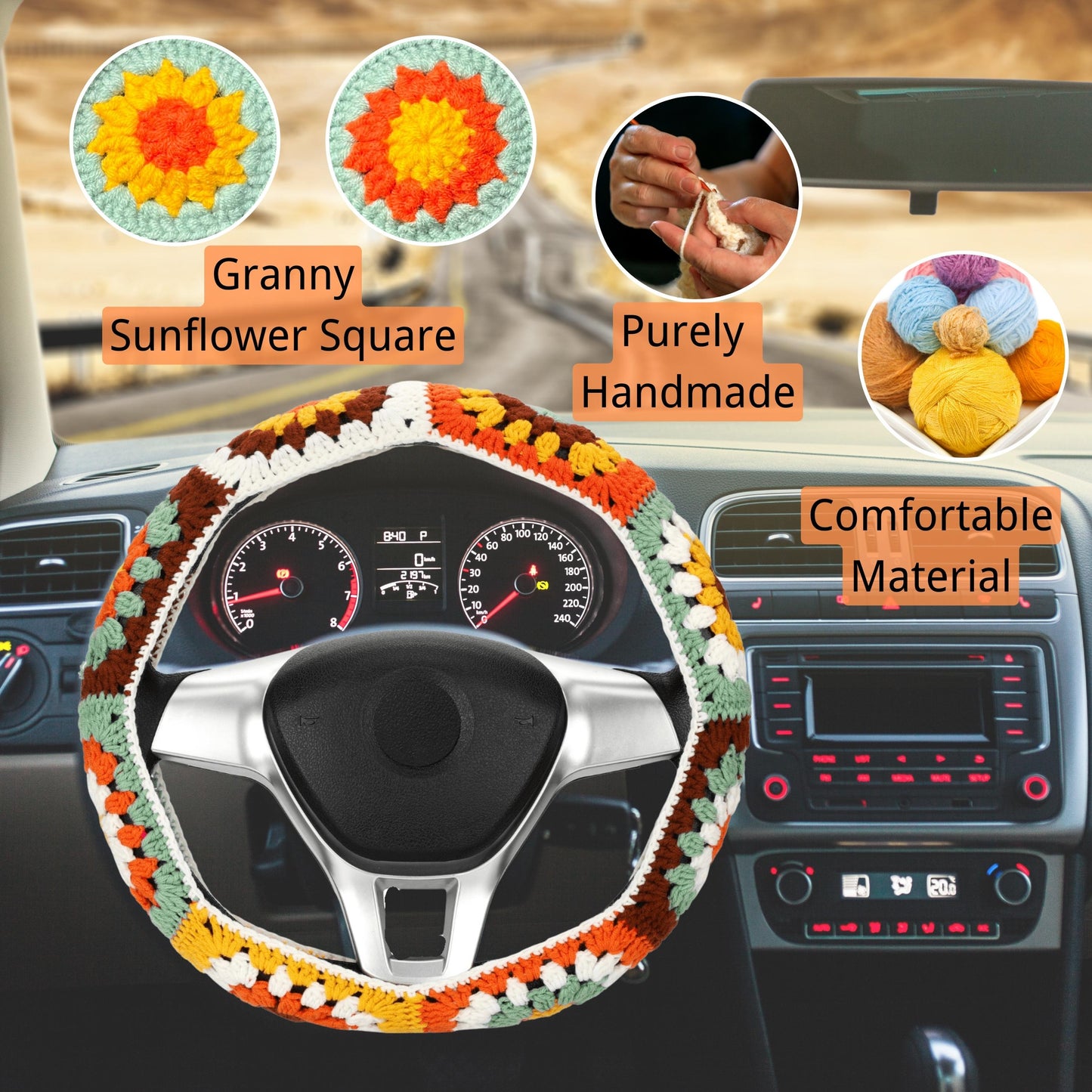 Cute 14-15'' Crochet Sunflower Steering Wheel Cover for Women