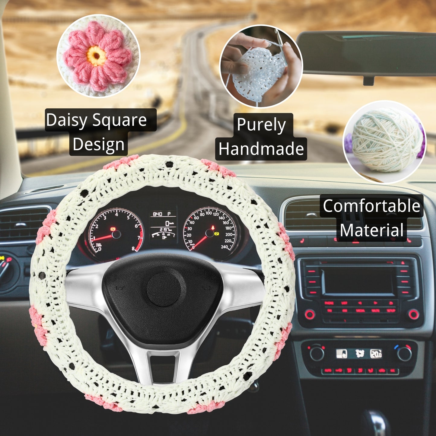 14-15'' Crochet White Daisy Steering Wheel Cover for Women