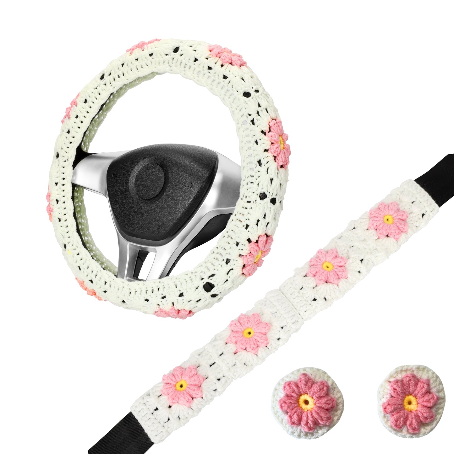 14-15'' Crochet White Daisy Steering Wheel Cover for Women