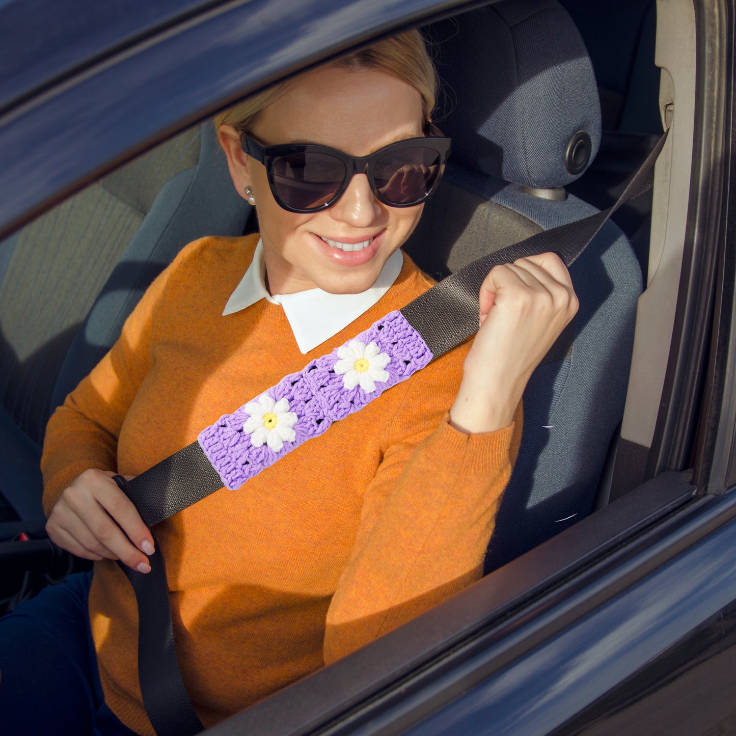 14-15'' Crochet Purple Daisy Steering Wheel Cover for Women