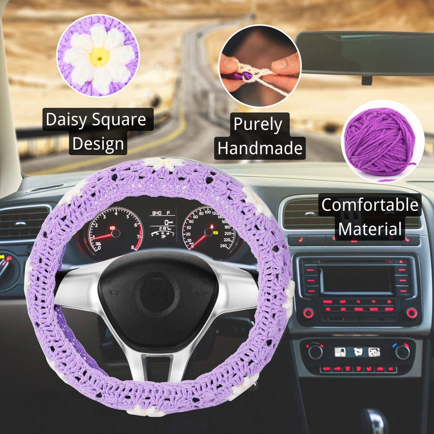 14-15'' Crochet Purple Daisy Steering Wheel Cover for Women