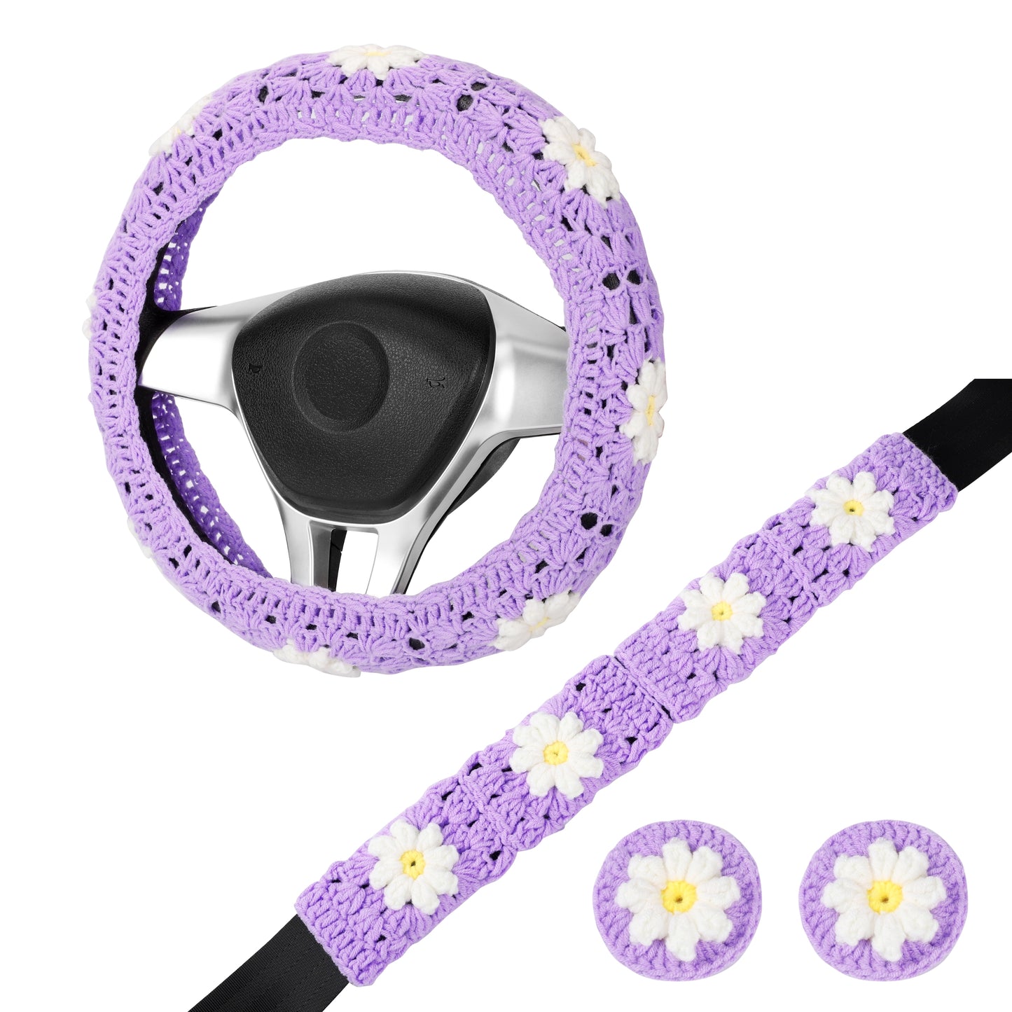 14-15'' Crochet Purple Daisy Steering Wheel Cover for Women