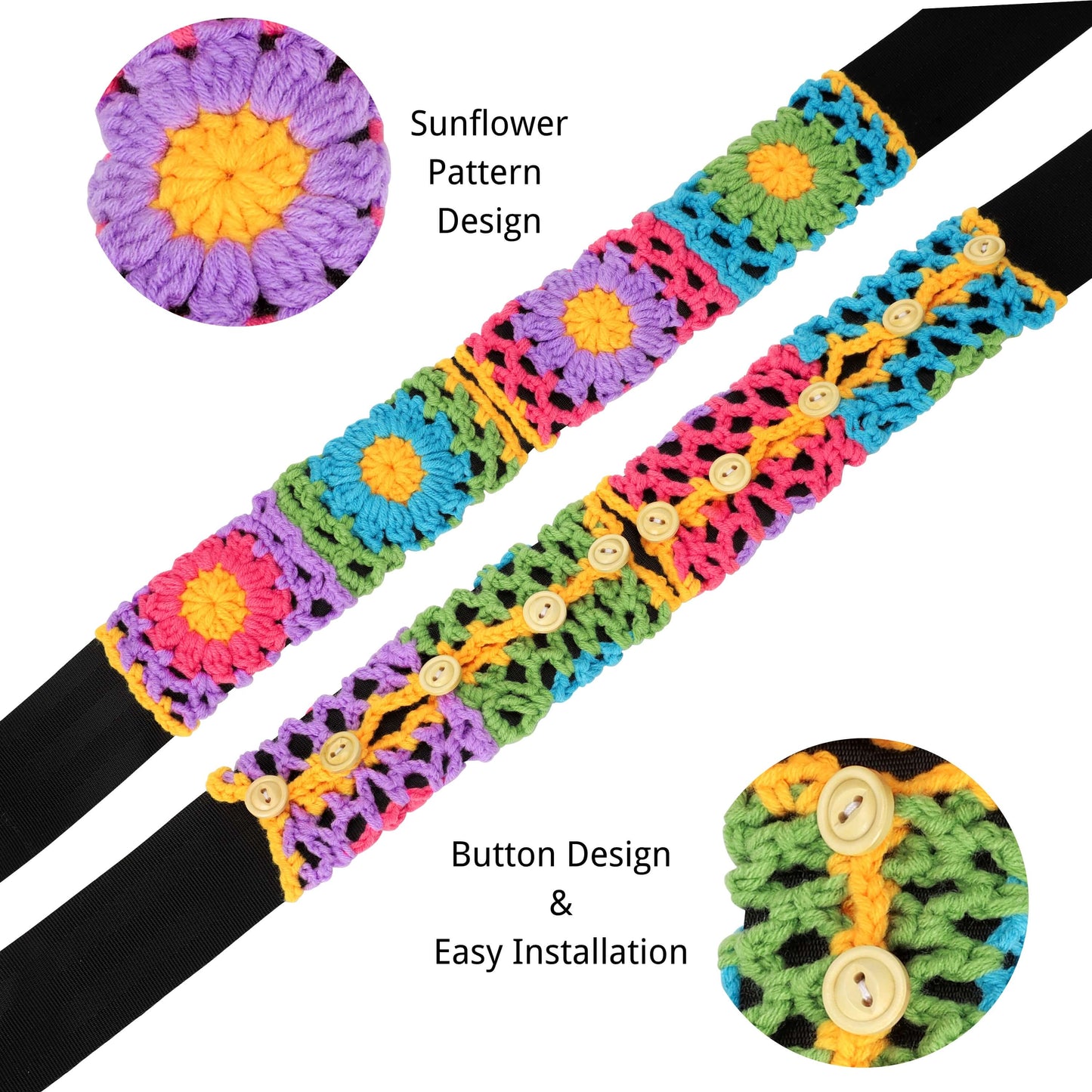 Knitted 14-15'' Crochet Sunflower Steering Wheel Cover for Women