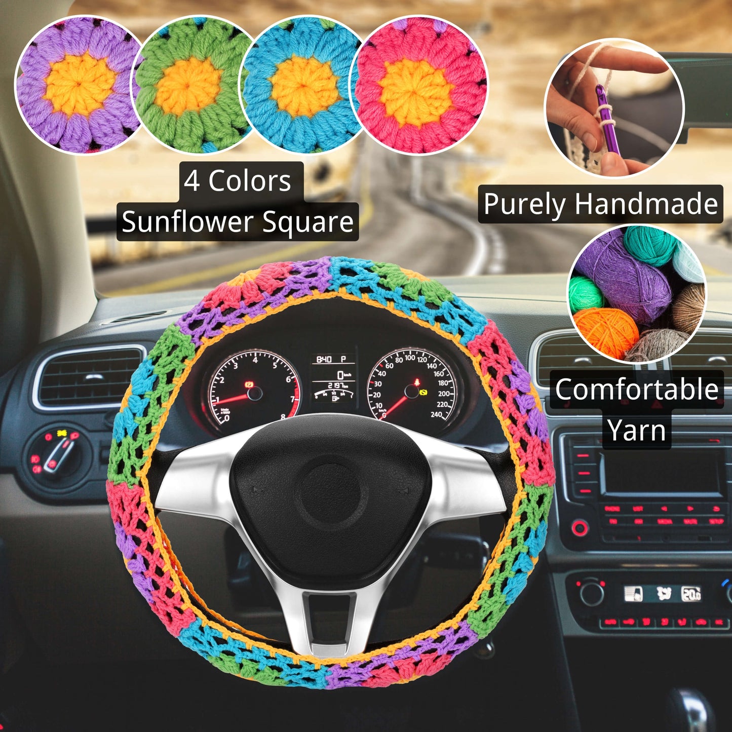 Knitted 14-15'' Crochet Sunflower Steering Wheel Cover for Women